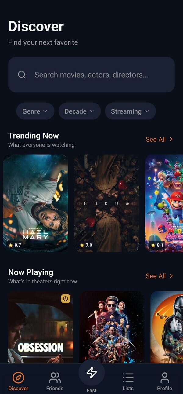 CineSense Discover tab: search and browse movies