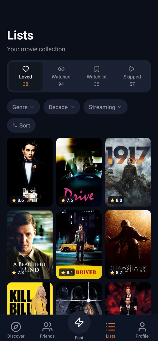 CineSense Lists tab: personal movie library
